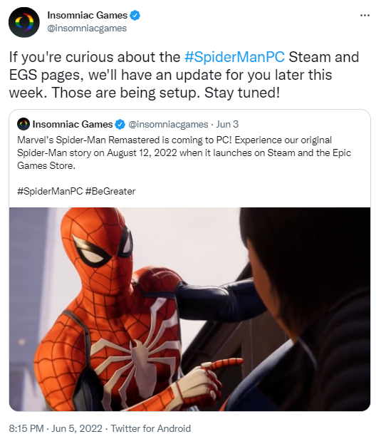《漫威蜘蛛侠》最晚会上架Steam和Epic商店