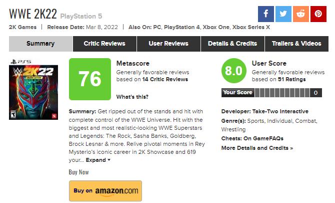 格斗游戏《WWE 2K22》PS5版本M站媒体评分现已解决